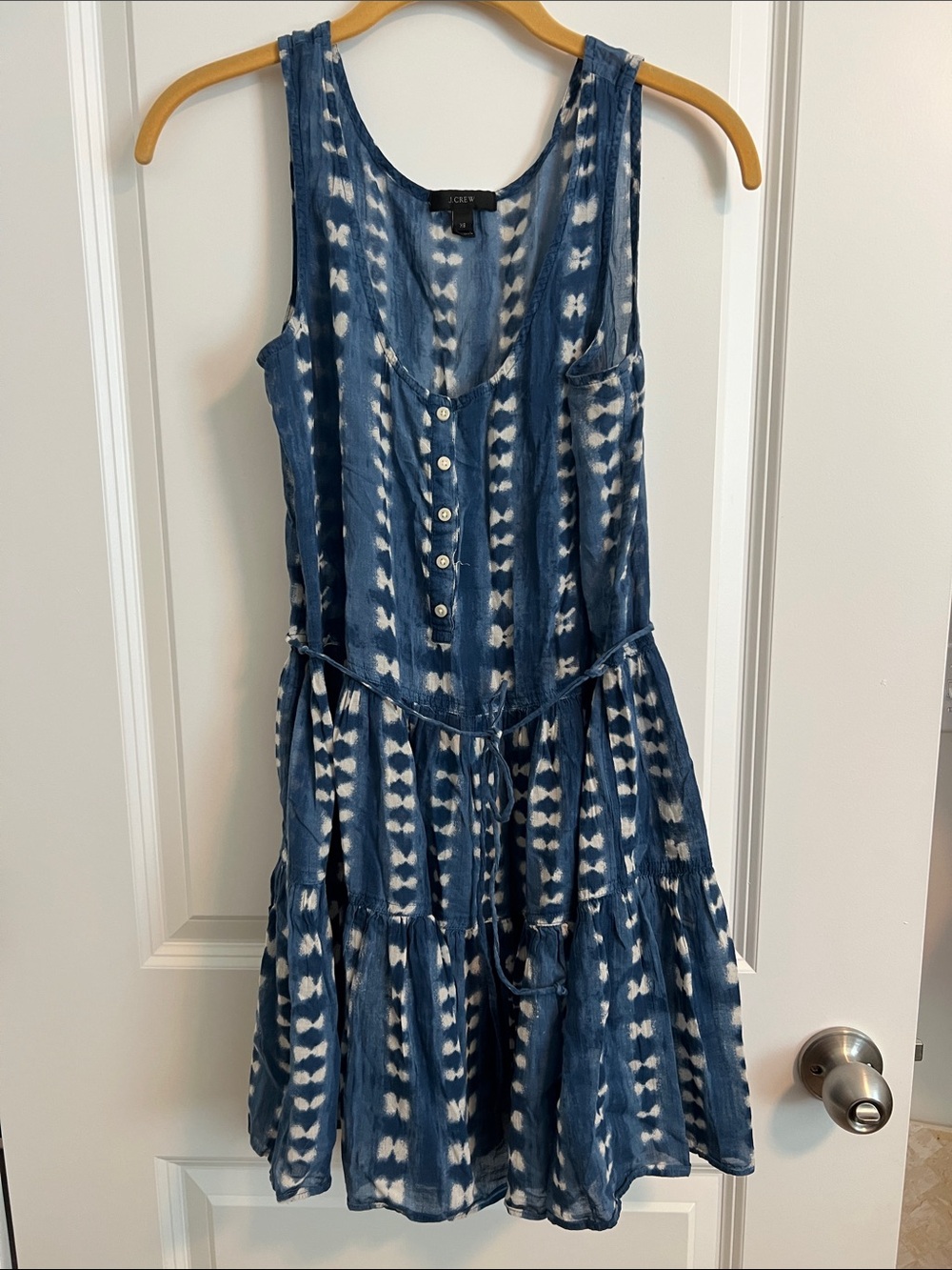 J.Crew Women’s XS Blue White Tie Dye Ikat Print Tiered Sleeveless Dress Belted
